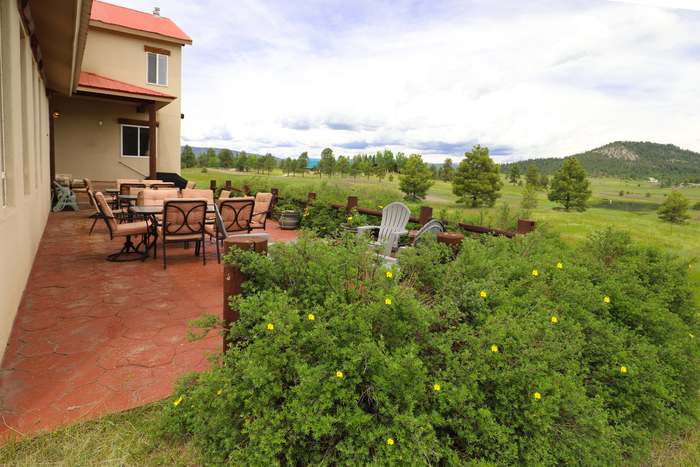 Long back patio lined with blooming shrubs and patio furniture